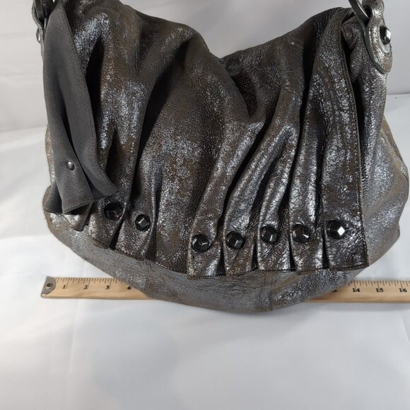 7 For All Mankind Leather Purse Shoulder Bag Silver Distressed Studded Hobo Flap - Picture 10 of 16